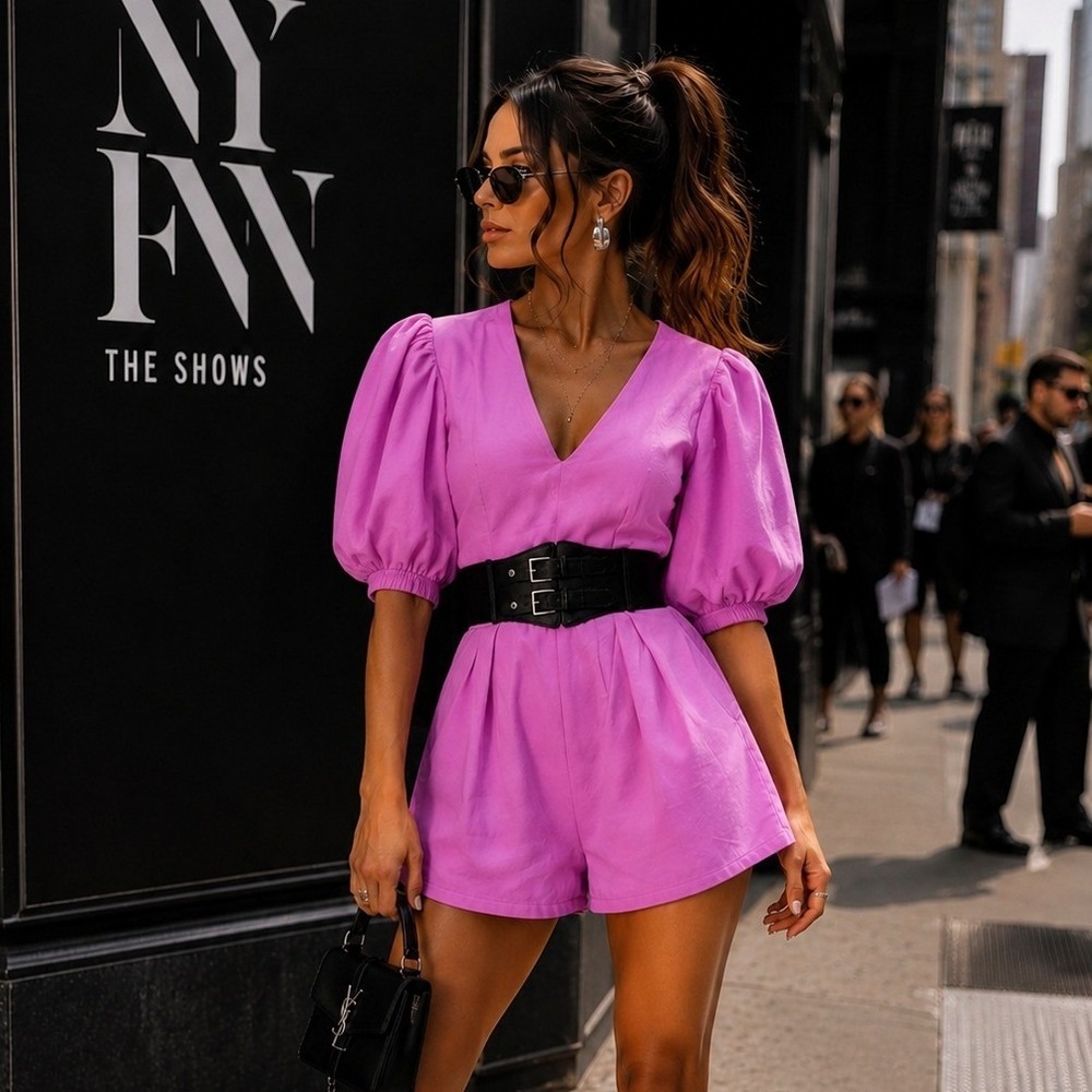 Style by GG Orchid Purple Puff Sleeve Tie Back Romper V-Neck Size M